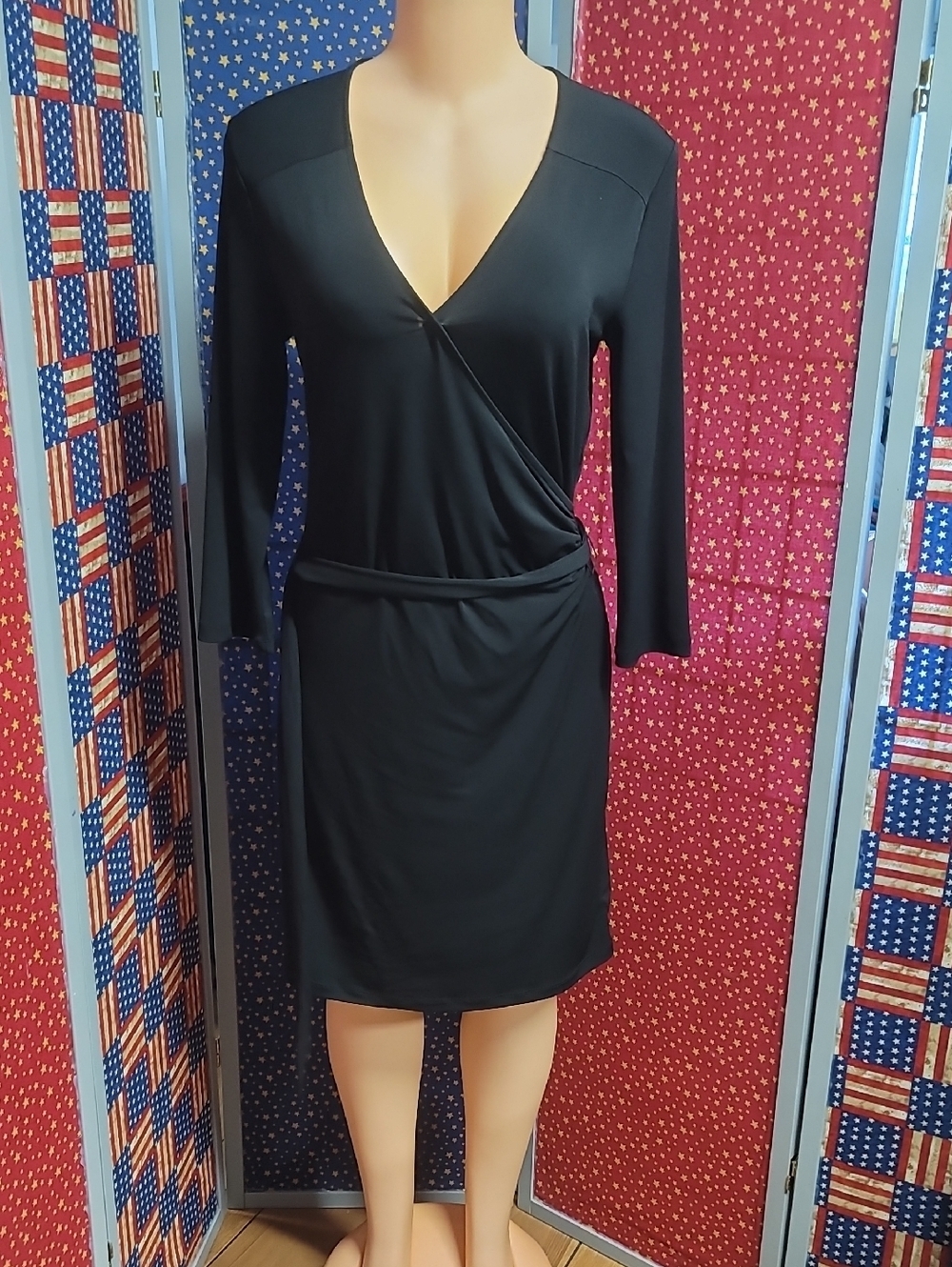 Jones New York Black Long Sleeve Faux-Wrap Dress